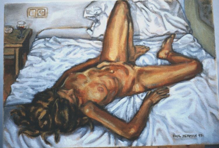 Nude, oil on canvas. Isabel with wine.